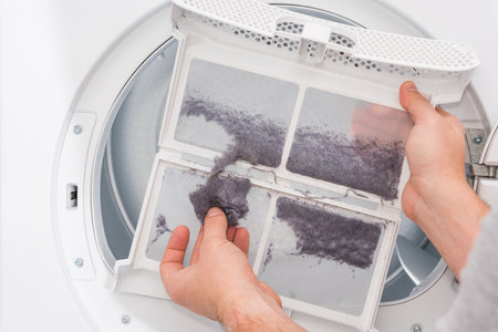 Dust and dirt trapped by the clothes dryer filter, men cleaning after using.の写真素材