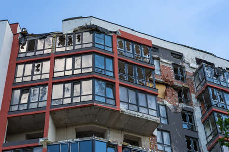 House in of civilians destroyed by russian army in the suburbs of Kyiv (Irpin). Traces on the...