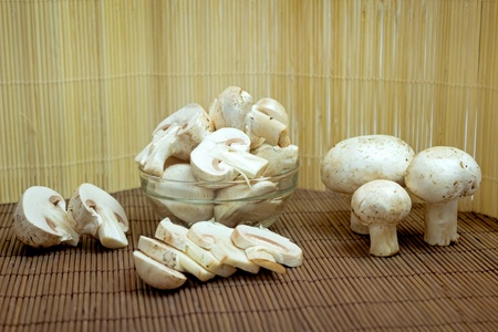Champignon on wooden backgroundの写真素材