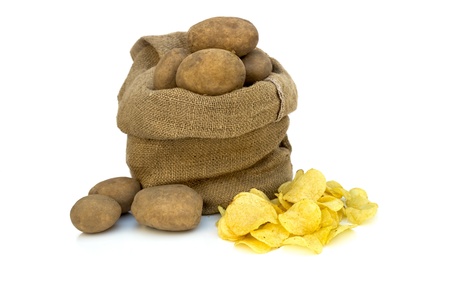 Potato chips with raw potatoes in burlap sackの写真素材