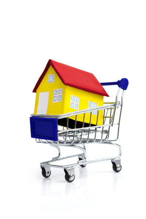 
shopping cart carrying a mini houseの写真素材