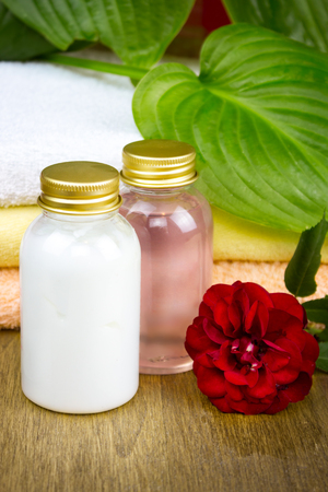 Bottles of essential oil for aromatherapy, rose spaの写真素材