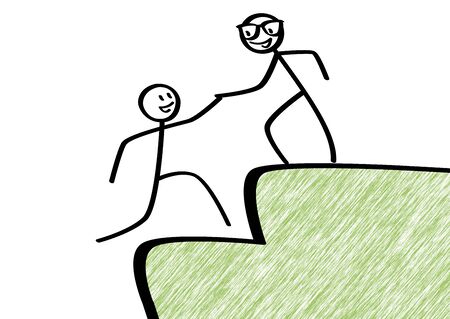 Partnership support, scribble little man helps another little manの写真素材