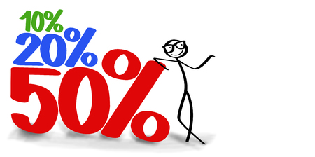 scribble little man presents a percent discounts  on white backgroundの写真素材