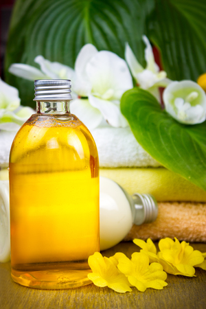 Spa still life with essential oil and towelの写真素材