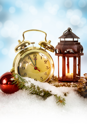 Happy New Year, gold retro clock showing five to midnightの写真素材