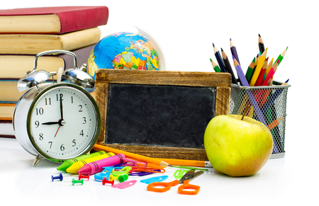 Group of colorful school notebooks and suppliesの写真素材