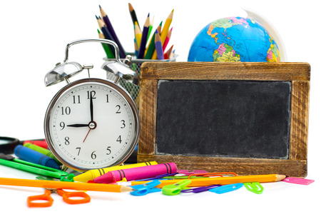 multicolored school items on white backgroundの写真素材