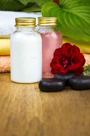 rose spa, set for showering with rose perfumeの写真素材