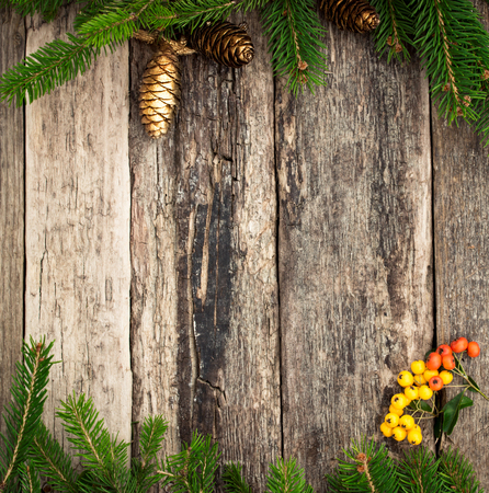 Christmas fir tree on wood texture, rustic Christmas decorationの写真素材