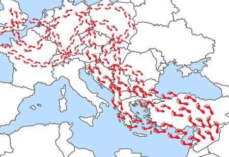 Illustrative map of immigration to the EU from Asia and Africa, map with map with footprintsの写真素材