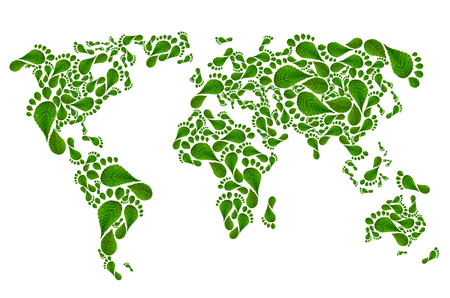 ecological map of the world in green foot print,  isolated on white backgroundの写真素材