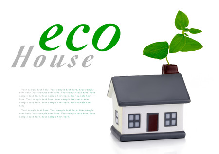 eco house or eco home with a leaf above the roof environmentally low-impact and eco-friendly constructionの写真素材