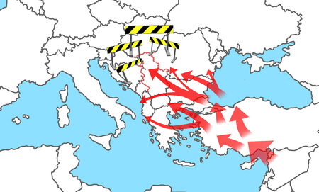 Migrant Crisis to Europe, map of immigration to the EU with blockade immobilizer, ramp,の写真素材