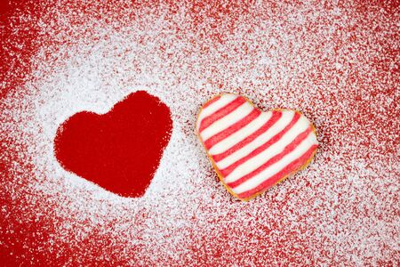 Powdered sugar heart shaped cookies, Valentine's Day backing backgroundの写真素材