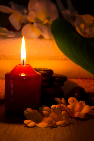Spa still life with burning candle, alternative aromatherapyの写真素材