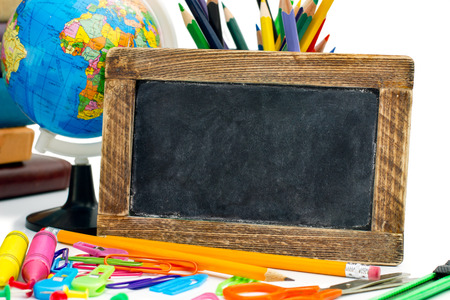 empty blackboard with a school suppliesの写真素材