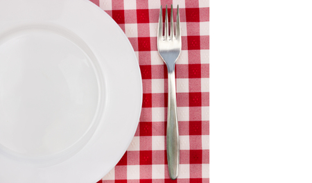 white plate and fork on red checked tablecloth with copy spaceの写真素材