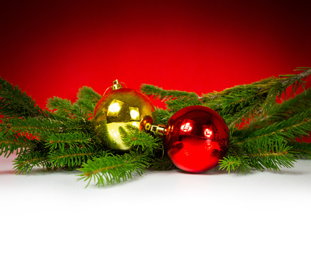Closeup of Christmas ball with pine on abstract background.の写真素材