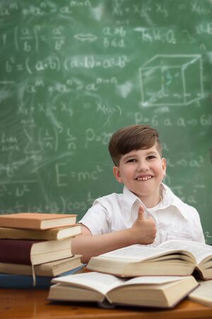 Cute schoolboy showing thumbs up, educational concept.の写真素材