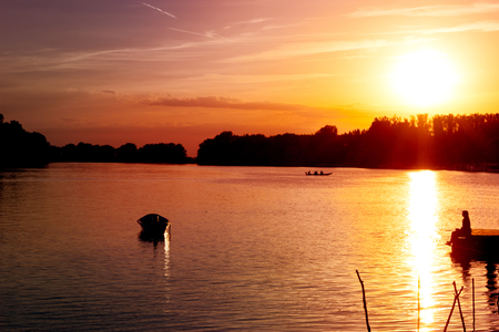 Following the river, river Tisa on sundownの写真素材