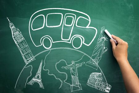 school bus tripping all over the world, education and excursionの写真素材