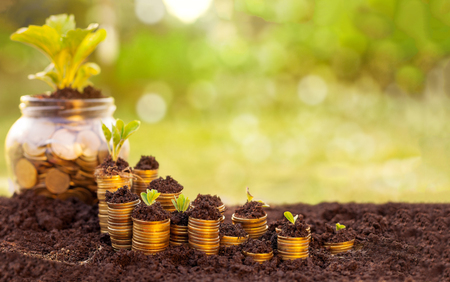 Rising coin stack on soil and jar filled with coinsの写真素材