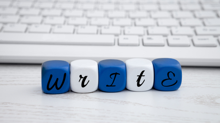 Letter dice with blue and white color and text write on themの写真素材