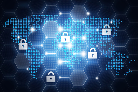 Digital online world security design, concept with padlock icons around the globeの写真素材