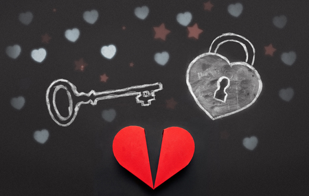 Key and heart shaped keylock above red heart box, Valentines Day conceptの写真素材