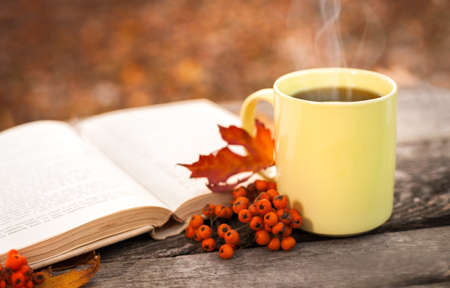 Open book on wooden surface with fallen leaves and tea mug, autumn relaxation with bookの写真素材