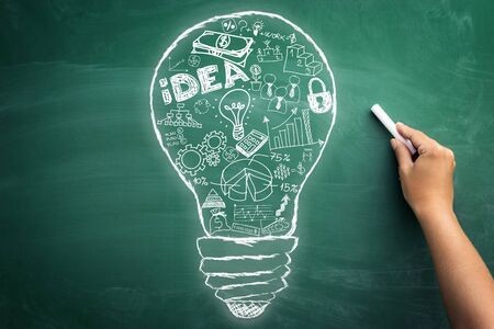 Creative business idea ? concept of creative and successful idea with all elements in one white bulbの写真素材
