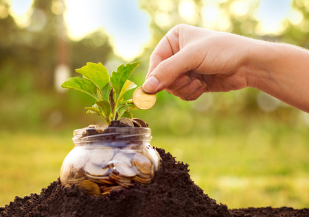 Female hand putting coin in a jar,money savings conceptの写真素材