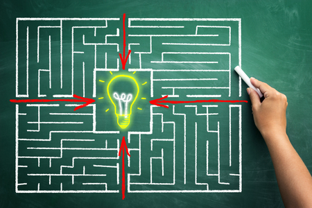 Finding the right idea ? concept with maze and arrows pointing to right idea from different positionsの写真素材