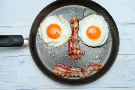 Fried eggs and bacon in a pan,simple breakfastの写真素材