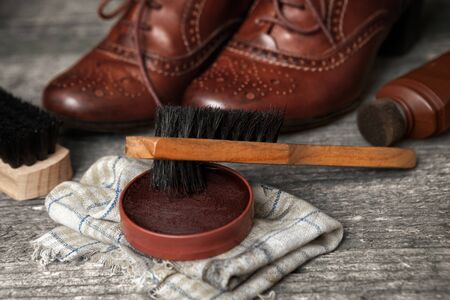 Polish cream,cloth and wooden brush for cleaning shoes