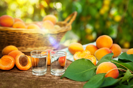 Apricot brandy and ripe apricots on wooden tableの写真素材