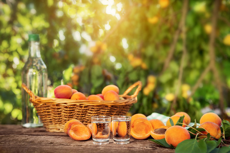 Fruit brandy with fresh apricots and wicker basketの写真素材