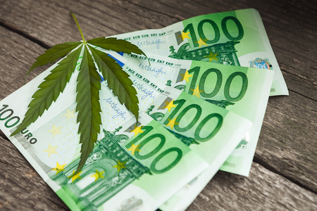 Cannabis leaf with Euro bills on the tableの写真素材