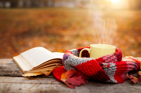Open book and tea mug with warm scarf on wooden surfaceの写真素材