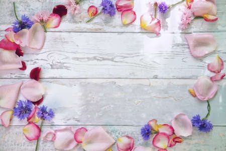 Colorful petals and flowers for decoration on table
