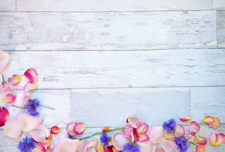 Fallen petals on wooden background.Empty space for copy space.の写真素材