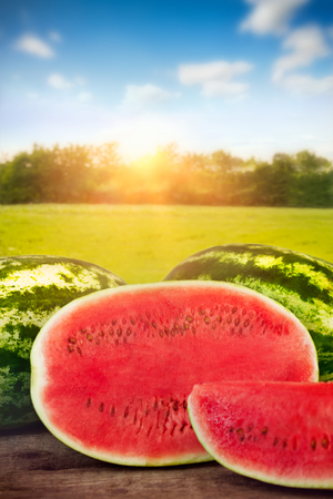 Sliced fresh watermelon on the tableの写真素材