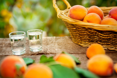 Shot glass with apricot brandy and apricots on the tableの写真素材