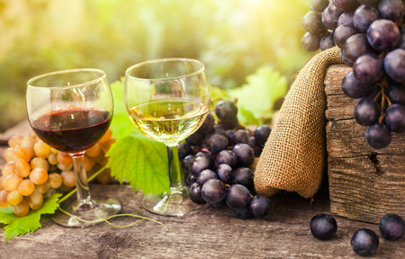 Glass of red and white wine with grapes on old wooden tableの写真素材