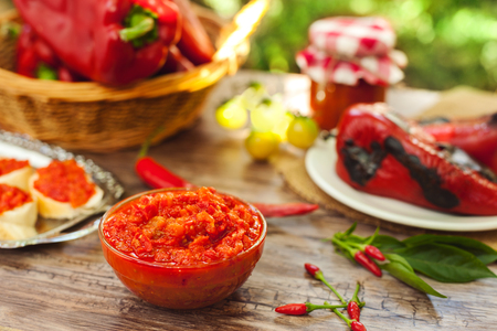 Ajvar-traditional quality Serbian specialty served on the tableの写真素材