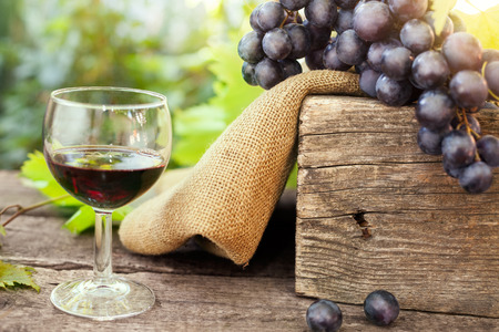 Fresh grapes and glass of red wineの写真素材