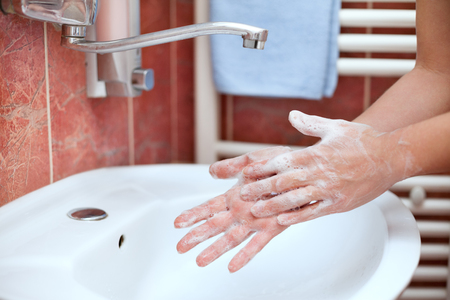 Soapy hands. Hands with soap. Hand hygiene. Hand cleaning.の写真素材