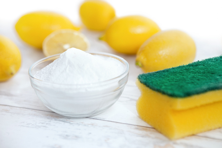 Natural cleaners for household, baking soda with lemonの写真素材