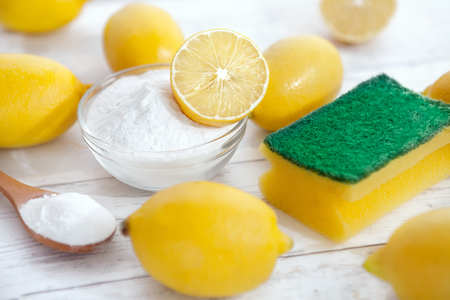Organic cleaners for household, baking soda and lemonの写真素材